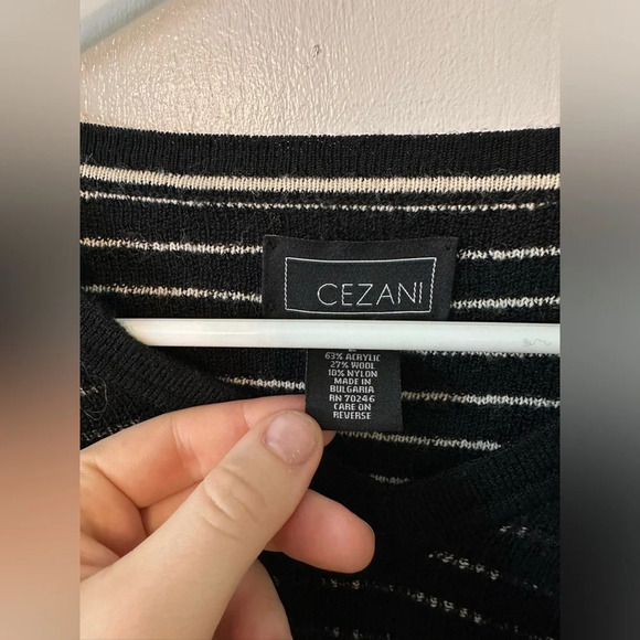 Cezani Mens V Neck Long Sleeve Knit Sweater L Black Tan Wool Neutral SZ L #1437 - Picture 2 of 5